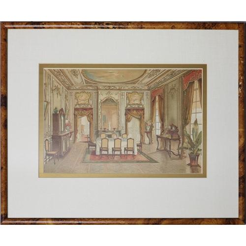 21 - FOUR HAND COLOURED PRINTS. depicting various room scenes, including two dining rooms, a bedroom and ... 
