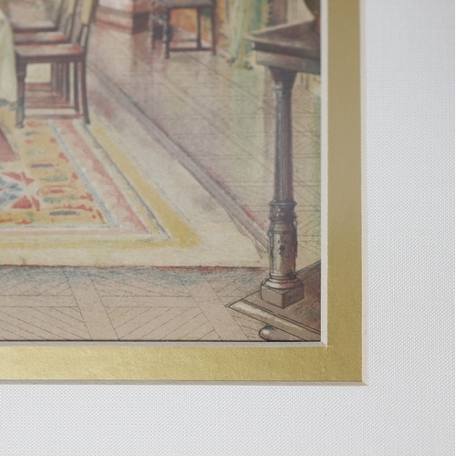 21 - FOUR HAND COLOURED PRINTS. depicting various room scenes, including two dining rooms, a bedroom and ... 
