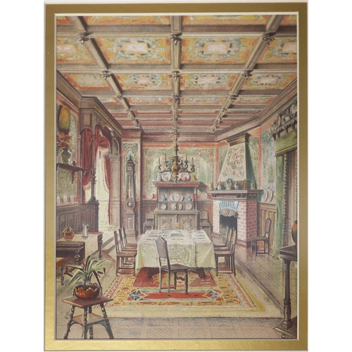 21 - FOUR HAND COLOURED PRINTS. depicting various room scenes, including two dining rooms, a bedroom and ... 