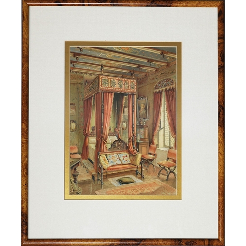 21 - FOUR HAND COLOURED PRINTS. depicting various room scenes, including two dining rooms, a bedroom and ... 