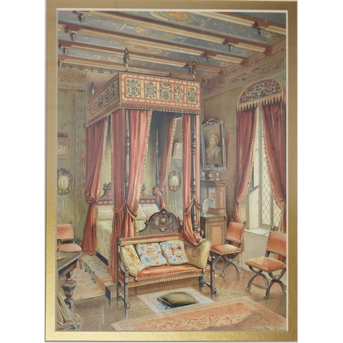 21 - FOUR HAND COLOURED PRINTS. depicting various room scenes, including two dining rooms, a bedroom and ... 