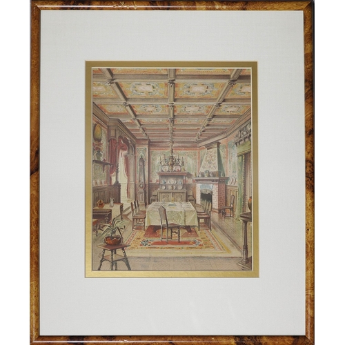 21 - FOUR HAND COLOURED PRINTS. depicting various room scenes, including two dining rooms, a bedroom and ... 