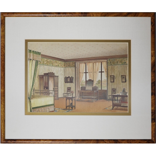 21 - FOUR HAND COLOURED PRINTS. depicting various room scenes, including two dining rooms, a bedroom and ... 