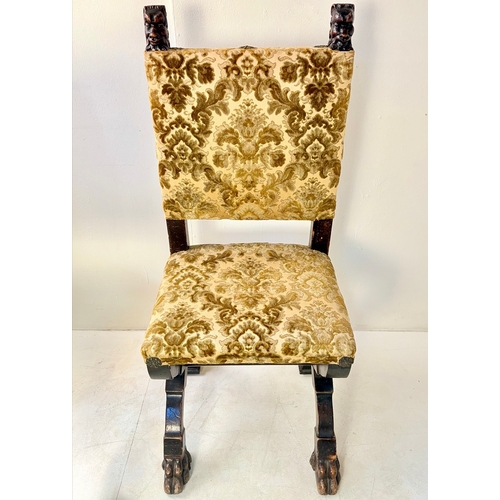 242 - SET OF SIX GOTHIC STYLE EBONISED WALNUT DINING CHAIRS. Late 19th century Continental, with carved he... 
