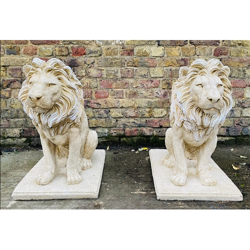 249 - PAIR OF GARDEN LION STATUES. 68cm H x 42cm W x 55cm D.