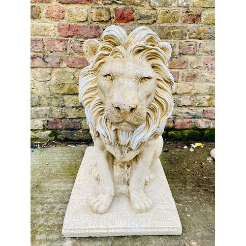 249 - PAIR OF GARDEN LION STATUES. 68cm H x 42cm W x 55cm D.