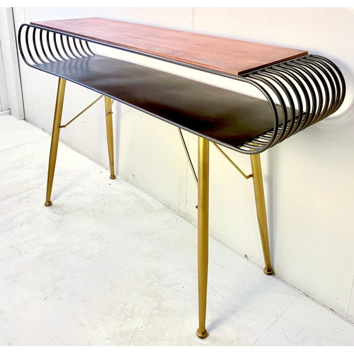 253 - VINTAGE STYLE CONSOLE TABLE. with curved metal and wooden top, 82cm H x 132cm W x 31cm D.