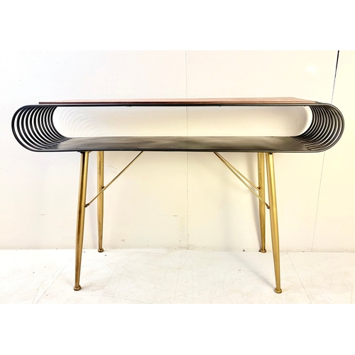 253 - VINTAGE STYLE CONSOLE TABLE. with curved metal and wooden top, 82cm H x 132cm W x 31cm D.