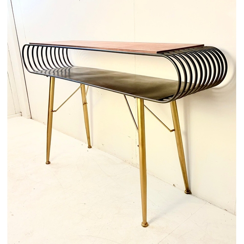 253 - VINTAGE STYLE CONSOLE TABLE. with curved metal and wooden top, 82cm H x 132cm W x 31cm D.