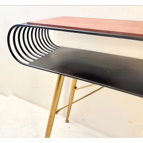 253 - VINTAGE STYLE CONSOLE TABLE. with curved metal and wooden top, 82cm H x 132cm W x 31cm D.