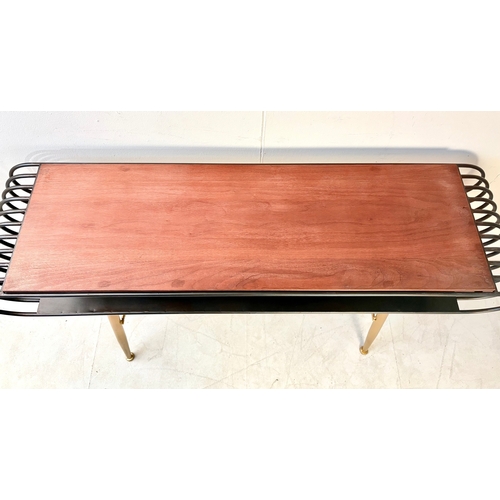253 - VINTAGE STYLE CONSOLE TABLE. with curved metal and wooden top, 82cm H x 132cm W x 31cm D.
