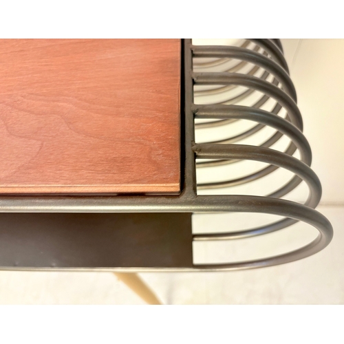 253 - VINTAGE STYLE CONSOLE TABLE. with curved metal and wooden top, 82cm H x 132cm W x 31cm D.