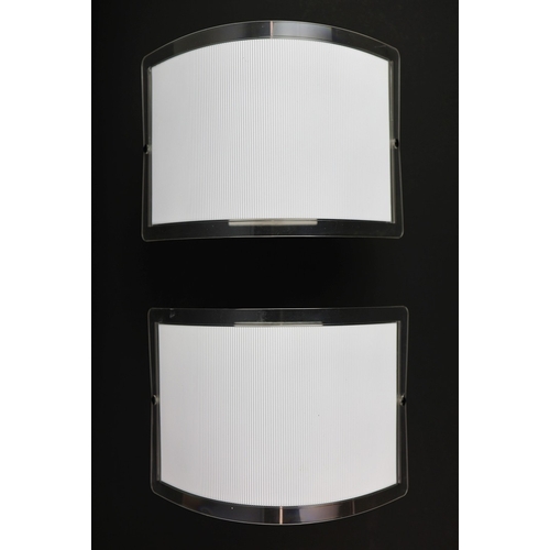 262 - SET OF FIVE 1970s ITALIAN WALL LIGHTS BY LUCE PLAN WITH WHITE RIBBED AND CLEAR PERSPEX SHADES. 21cm ... 