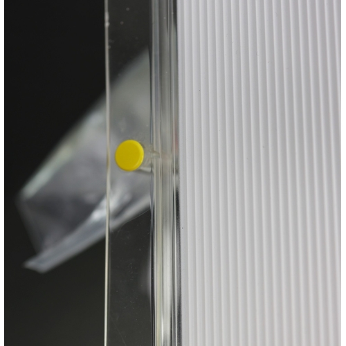 262 - SET OF FIVE 1970s ITALIAN WALL LIGHTS BY LUCE PLAN WITH WHITE RIBBED AND CLEAR PERSPEX SHADES. 21cm ... 