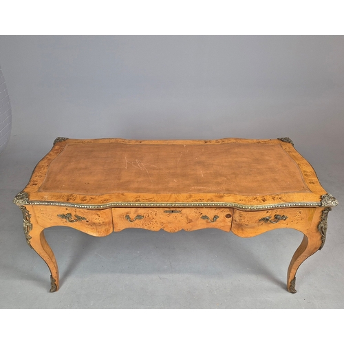 269 - LOUIS XV STYLE BURR VENEERED AND BRASS MOUNTED BUREAU PLAT. tan leather top above three drawers, 82c... 
