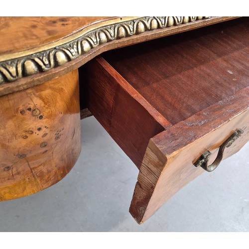 269 - LOUIS XV STYLE BURR VENEERED AND BRASS MOUNTED BUREAU PLAT. tan leather top above three drawers, 82c... 