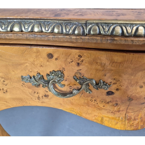 269 - LOUIS XV STYLE BURR VENEERED AND BRASS MOUNTED BUREAU PLAT. tan leather top above three drawers, 82c... 