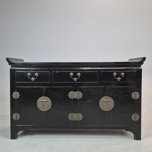 270 - CHINESE BLACK LACQUER SIDEBOARD. three drawers above four doors, 91cm H x 151cm W x 47cm D.