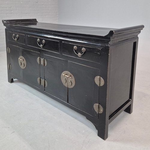 270 - CHINESE BLACK LACQUER SIDEBOARD. three drawers above four doors, 91cm H x 151cm W x 47cm D.