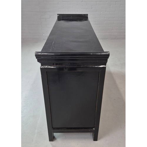 270 - CHINESE BLACK LACQUER SIDEBOARD. three drawers above four doors, 91cm H x 151cm W x 47cm D.