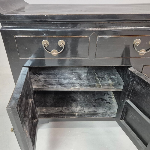 270 - CHINESE BLACK LACQUER SIDEBOARD. three drawers above four doors, 91cm H x 151cm W x 47cm D.