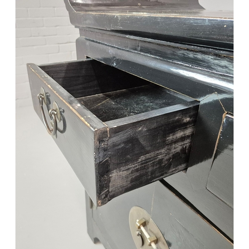 270 - CHINESE BLACK LACQUER SIDEBOARD. three drawers above four doors, 91cm H x 151cm W x 47cm D.
