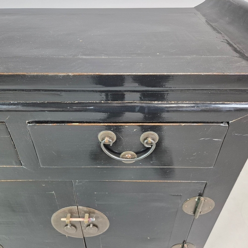 270 - CHINESE BLACK LACQUER SIDEBOARD. three drawers above four doors, 91cm H x 151cm W x 47cm D.