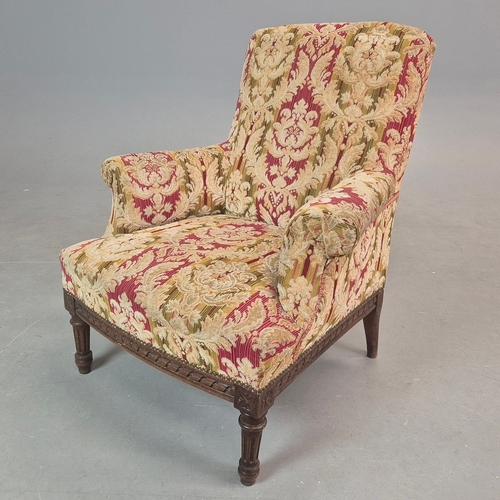 276 - LATE 19TH CENTURY FRENCH WALNUT BERGERE. brocade upholstery, 94cm H x 82cm W x 88cm D.