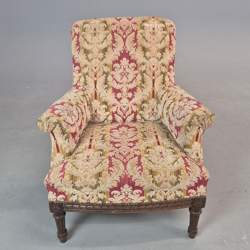 276 - LATE 19TH CENTURY FRENCH WALNUT BERGERE. brocade upholstery, 94cm H x 82cm W x 88cm D.