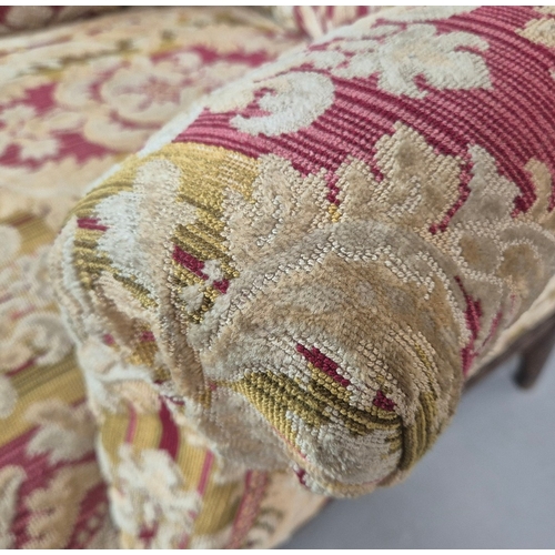 276 - LATE 19TH CENTURY FRENCH WALNUT BERGERE. brocade upholstery, 94cm H x 82cm W x 88cm D.