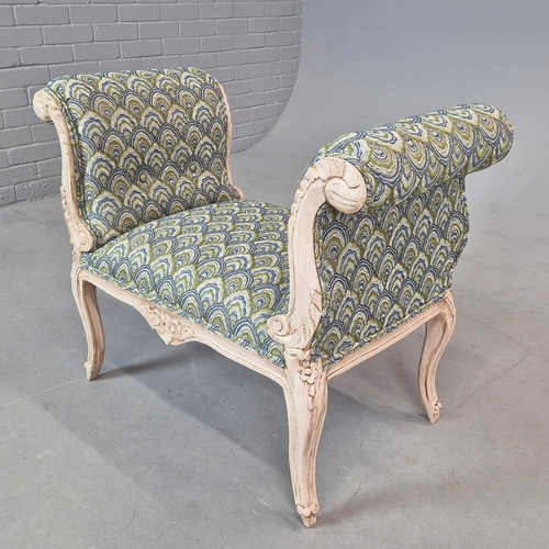 278 - LOUIS XV STYLE PAINTED STOOL. raised ends in blue and green patterned fabric, 68cm H x 87cm W x 45cm... 