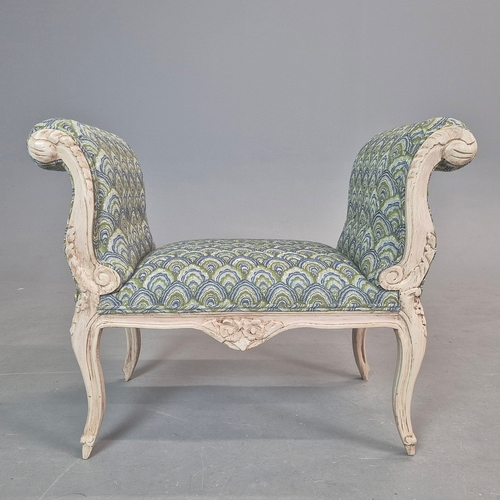 278 - LOUIS XV STYLE PAINTED STOOL. raised ends in blue and green patterned fabric, 68cm H x 87cm W x 45cm... 