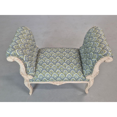 278 - LOUIS XV STYLE PAINTED STOOL. raised ends in blue and green patterned fabric, 68cm H x 87cm W x 45cm... 