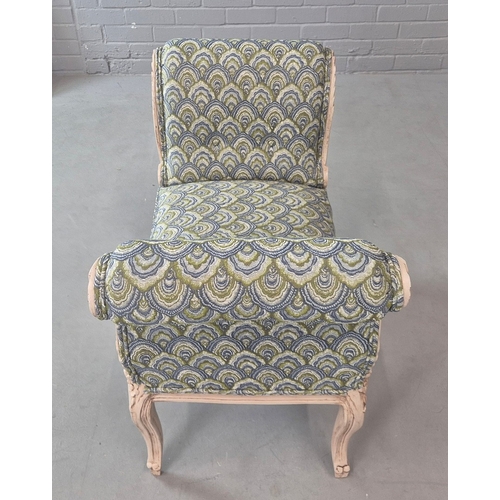 278 - LOUIS XV STYLE PAINTED STOOL. raised ends in blue and green patterned fabric, 68cm H x 87cm W x 45cm... 