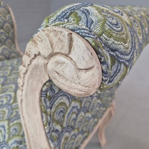 278 - LOUIS XV STYLE PAINTED STOOL. raised ends in blue and green patterned fabric, 68cm H x 87cm W x 45cm... 