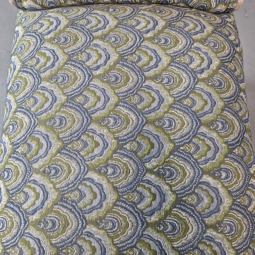 278 - LOUIS XV STYLE PAINTED STOOL. raised ends in blue and green patterned fabric, 68cm H x 87cm W x 45cm... 