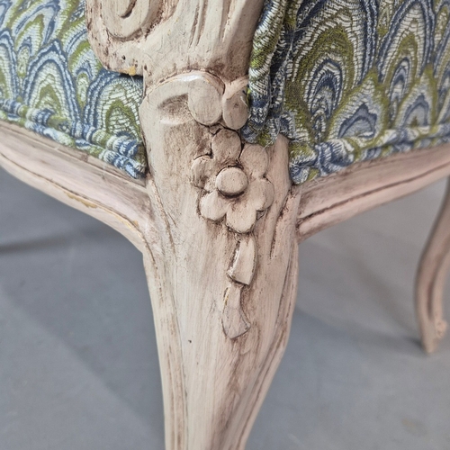 278 - LOUIS XV STYLE PAINTED STOOL. raised ends in blue and green patterned fabric, 68cm H x 87cm W x 45cm... 