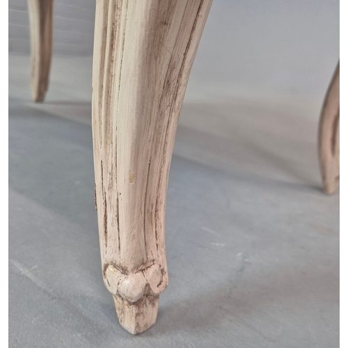 278 - LOUIS XV STYLE PAINTED STOOL. raised ends in blue and green patterned fabric, 68cm H x 87cm W x 45cm... 