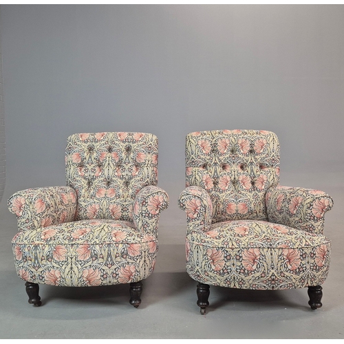 280 - PAIR OF 19TH CENTURY EBONISED ARMCHAIRS (2). William Morris pimpernel patterned fabric on steel cast... 