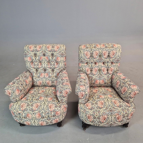 280 - PAIR OF 19TH CENTURY EBONISED ARMCHAIRS (2). William Morris pimpernel patterned fabric on steel cast... 