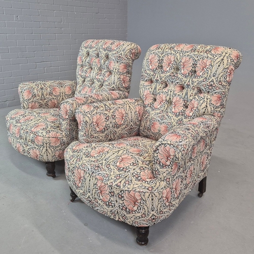 280 - PAIR OF 19TH CENTURY EBONISED ARMCHAIRS (2). William Morris pimpernel patterned fabric on steel cast... 