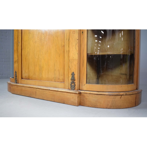282 - VICTORIAN WALNUT, BURR WALNUT, INLAID AND BRASS MOUNTED CREDENZA. panel door flanked by bowed glazed... 