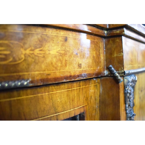282 - VICTORIAN WALNUT, BURR WALNUT, INLAID AND BRASS MOUNTED CREDENZA. panel door flanked by bowed glazed... 