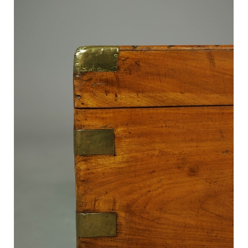 283 - 19TH CENTURY CHINESE EXPORT CAMPHORWOOD AND BRASS BOUND TRUNK. with a pair of interior trays, 58cm H... 