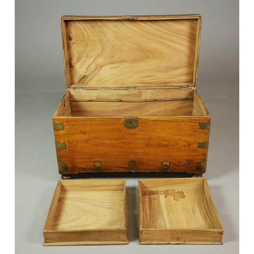 283 - 19TH CENTURY CHINESE EXPORT CAMPHORWOOD AND BRASS BOUND TRUNK. with a pair of interior trays, 58cm H... 