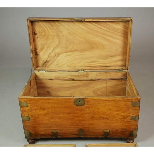 283 - 19TH CENTURY CHINESE EXPORT CAMPHORWOOD AND BRASS BOUND TRUNK. with a pair of interior trays, 58cm H... 