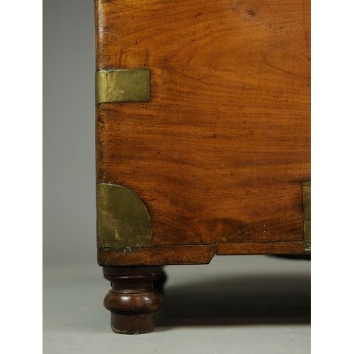 283 - 19TH CENTURY CHINESE EXPORT CAMPHORWOOD AND BRASS BOUND TRUNK. with a pair of interior trays, 58cm H... 