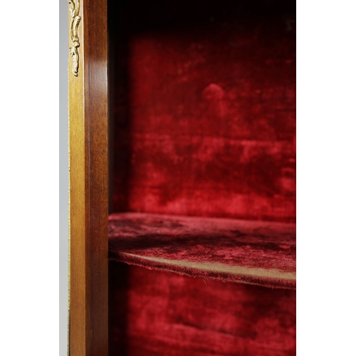 284 - FRENCH MAHOGANY, PAINTED AND GILT METAL MOUNTED VITRINE. circa 1900, with marble top and bowed glaze... 