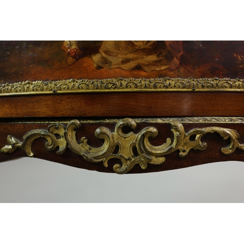 284 - FRENCH MAHOGANY, PAINTED AND GILT METAL MOUNTED VITRINE. circa 1900, with marble top and bowed glaze... 