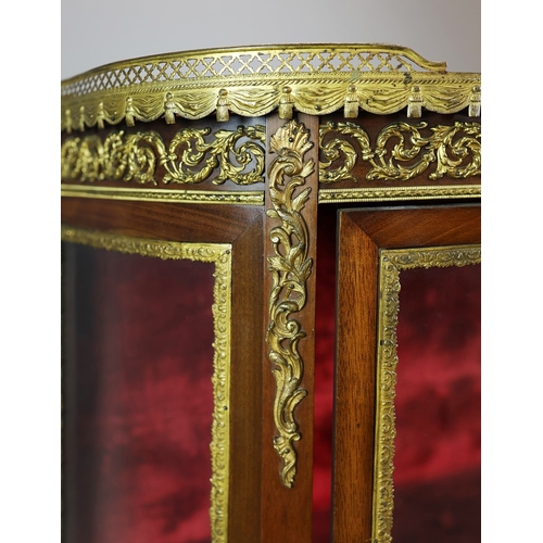 284 - FRENCH MAHOGANY, PAINTED AND GILT METAL MOUNTED VITRINE. circa 1900, with marble top and bowed glaze... 
